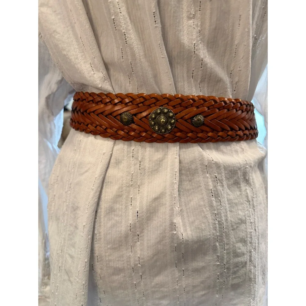 DKNY 90's Leather Braided Woven Belt Brown Brass Concho Studded M/L Western